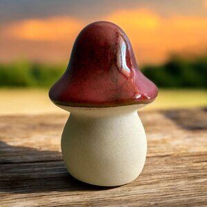 3" Ceramic Mushroom Figurine Speckled RED Glaze Natural Finish Table Decor